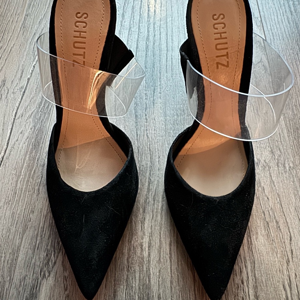 SCHUTZ Sionne High Heel Pointed Toe Mule in Black suede